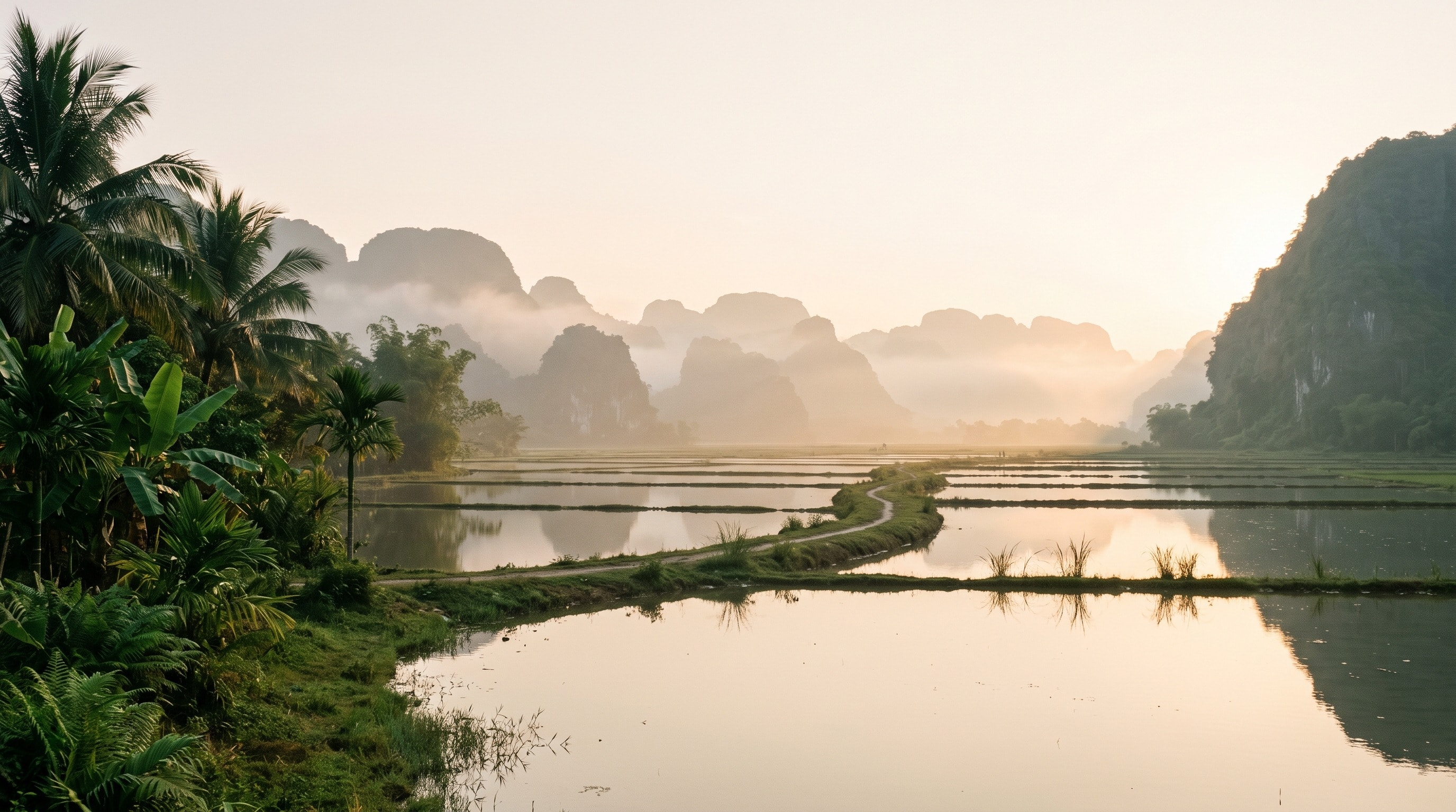 Flooded rice paddies at dawn below mist-wrapped limestone hills