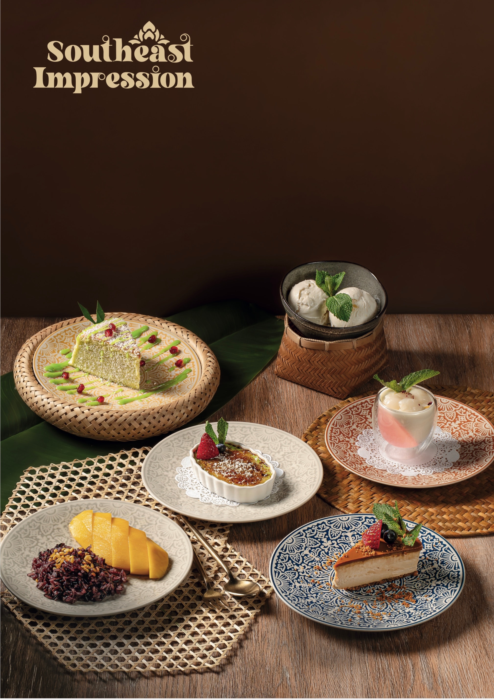 Pandan castella cake, creme brulee and mango sticky rice on woven mats